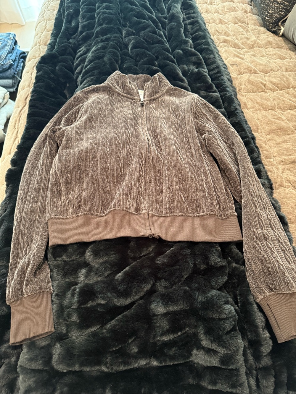Plush Chenille Zip-Front Jacket in Brown